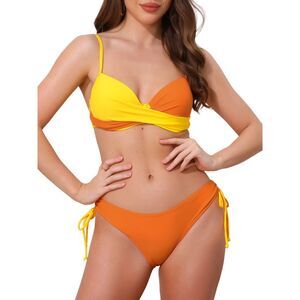 Cross Contrast Color 2 Piece Tie Size Triangle Bottoms Swimwear Orange Yellow